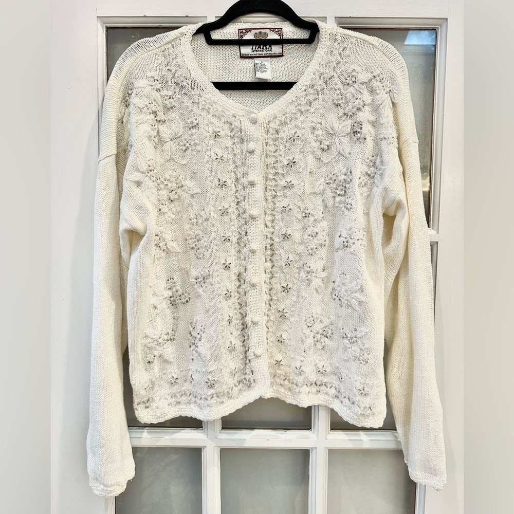 Vintage Tiara International Knit Whimsical Fairy Cardigan Sweater Beaded Size L